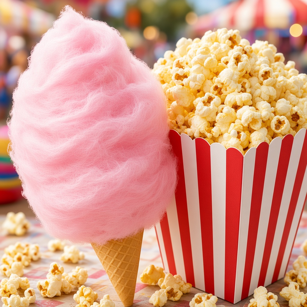 Pink cotton candy and a box of popcorn